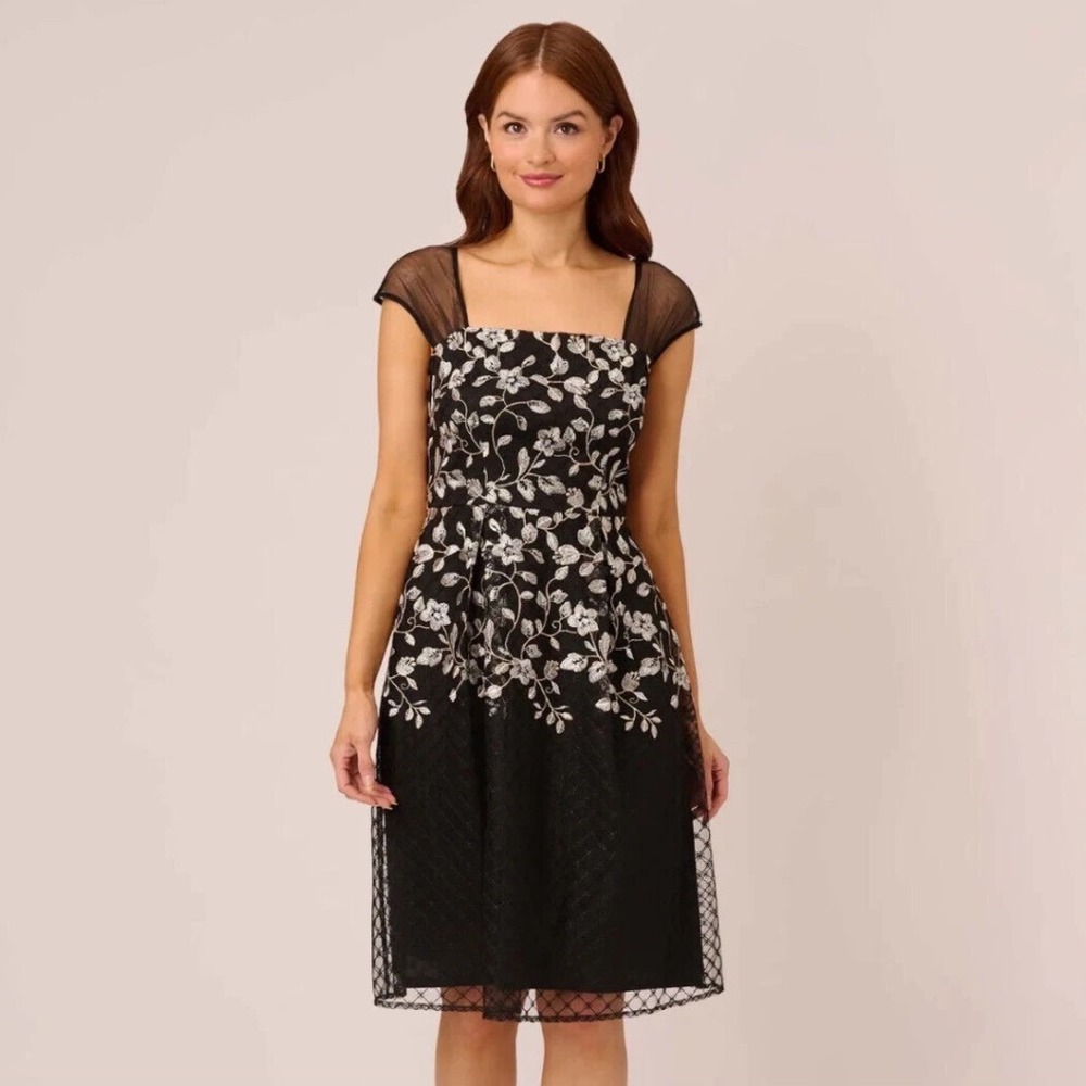 Adrianna Papell Black Silver Formal Floral Embroidered Mesh Midi Dress 8